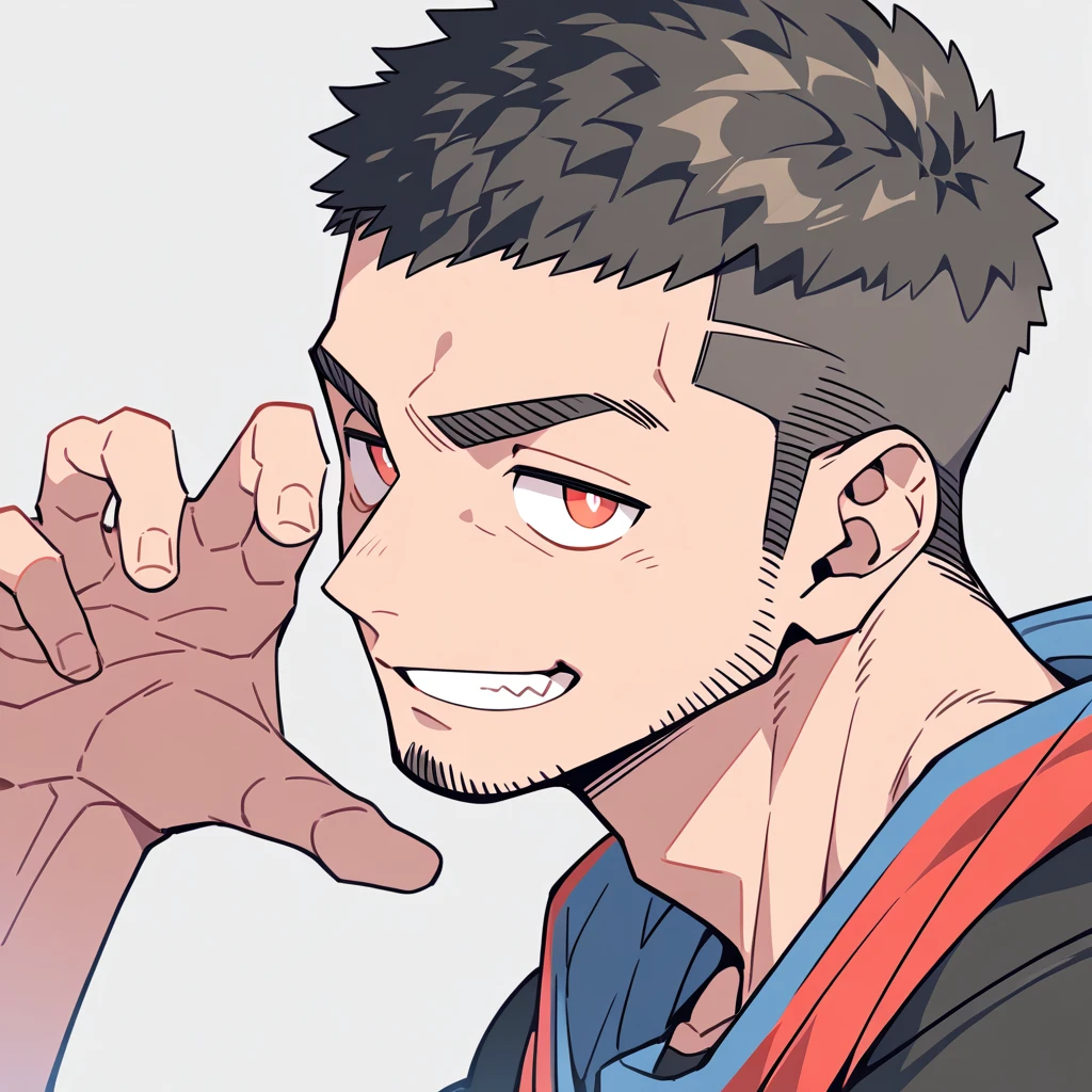 anime characters:Priapus, Muscle Sports Student, Buzz Cut, Manliness, male focus, Sports tight hooded sweatshirt, Wear a high-necked tights underneath, Very tight, full and perky chest muscles, muscular male, muscular, only, Upper body, alone, Red short hair, Thick eyebrows, stubble, Brown-red pupils, White background, simple background, amazing quality, best aesthetics, Ridiculous, crew cut, smirk, bright pupils, grin, negative space, negative space, best quality