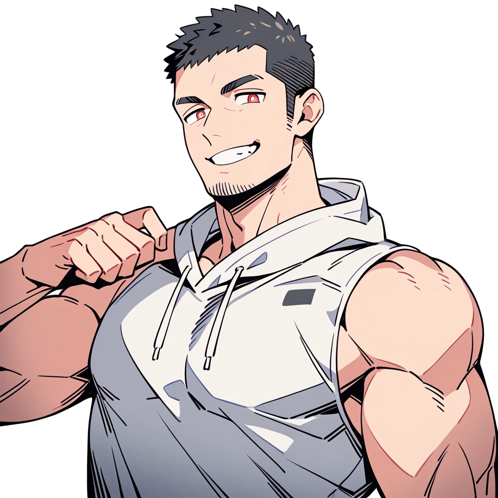 anime characters:Priapus, Muscle Sports Student, Buzz Cut, Manliness, male focus, Sports tight hooded sweatshirt, Wear a high-necked tights underneath, Very tight, full and perky chest muscles, muscular male, muscular, only, Upper body, alone, Red short hair, Thick eyebrows, stubble, Brown-red pupils, White background, simple background, amazing quality, best aesthetics, Ridiculous, crew cut, smirk, bright pupils, grin, negative space, negative space, best quality