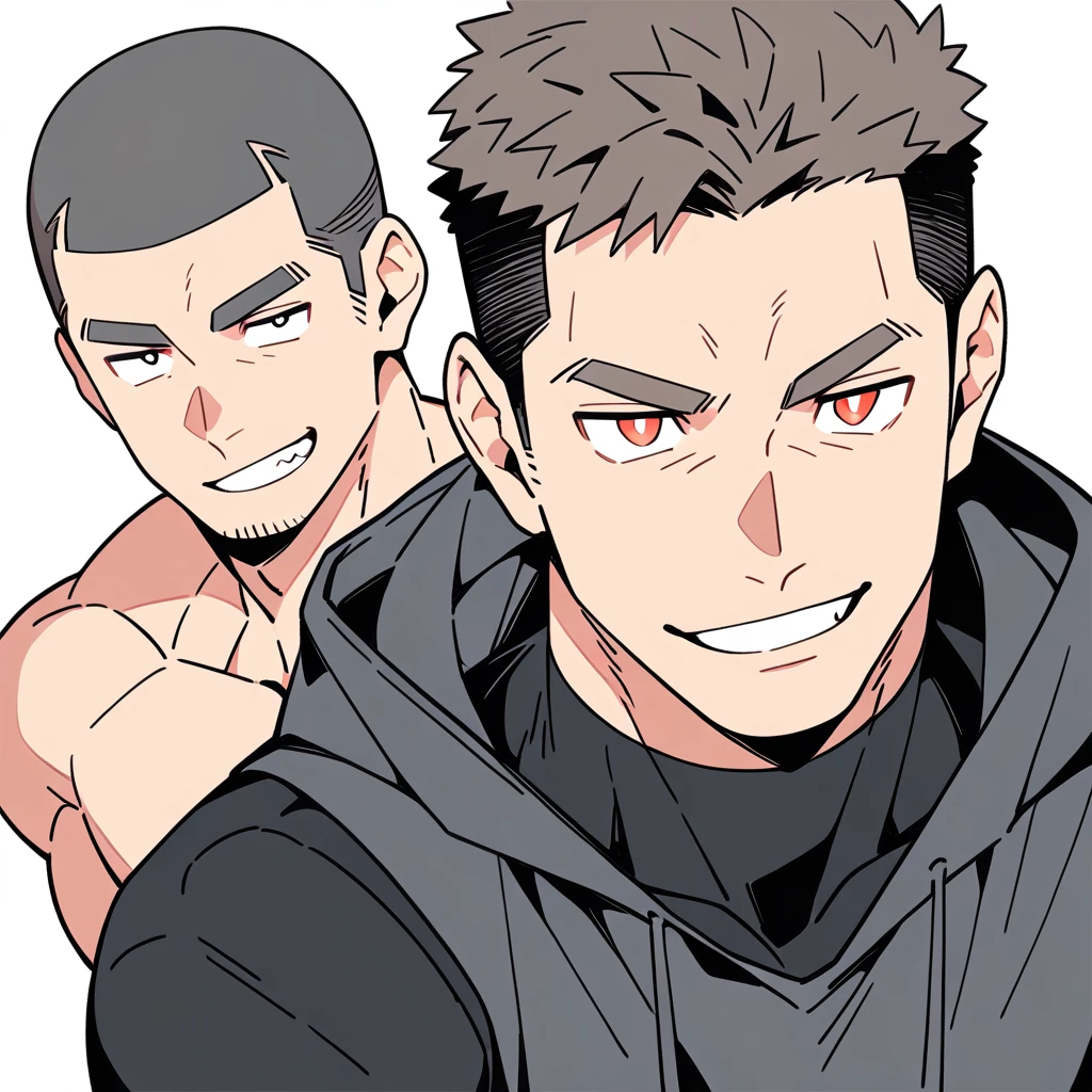 anime characters:Priapus, Muscle Sports Student, Buzz Cut, Manliness, male focus, Sports tight hooded sweatshirt, Wear a high-necked tights underneath, Very tight, full and perky chest muscles, muscular male, muscular, only, Upper body, alone, Red short hair, Thick eyebrows, stubble, Brown-red pupils, White background, simple background, amazing quality, best aesthetics, Ridiculous, crew cut, smirk, bright pupils, grin, negative space, negative space, best quality
