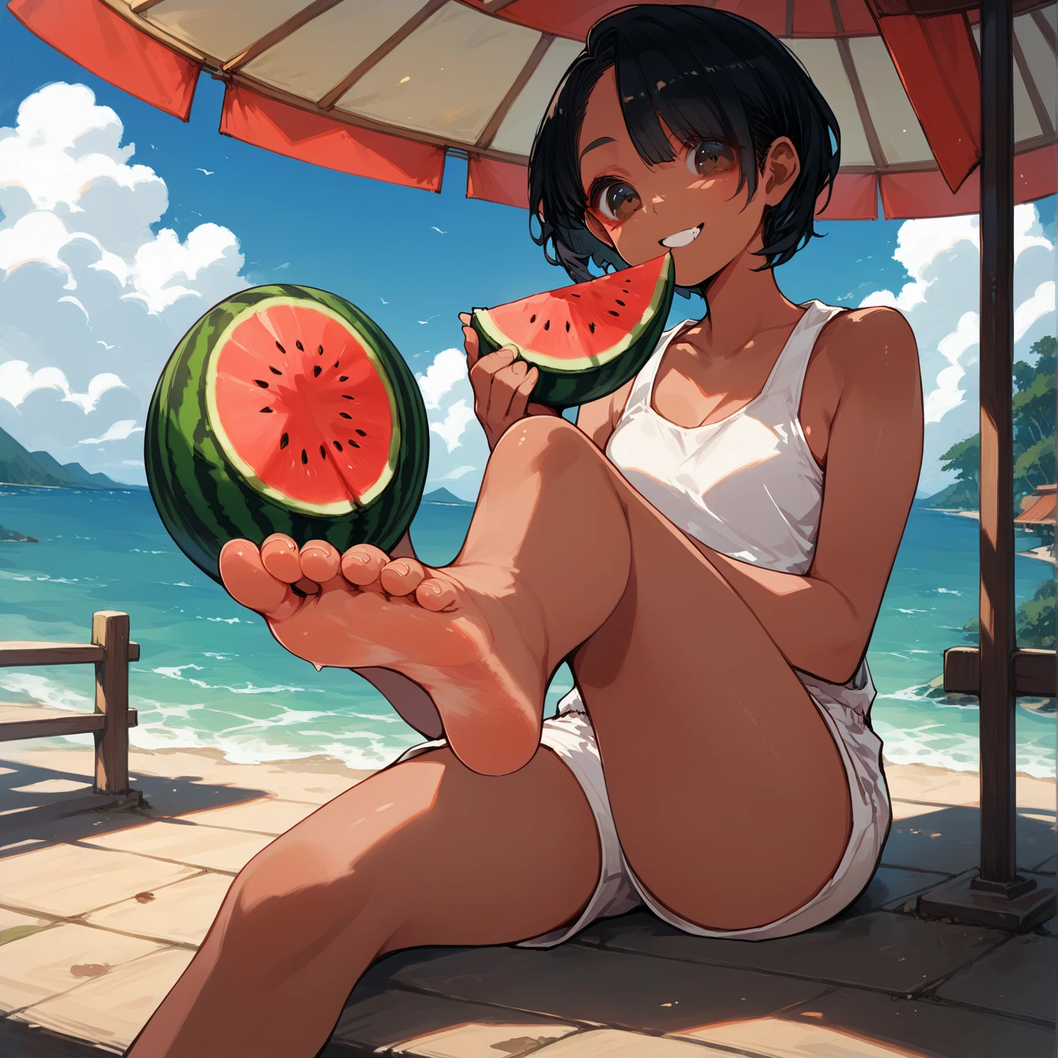 score_9, score_8_up, score_7_up, source_anime, high res image, masterpiece, best quality, 1 girl, Brown skin, shiny hair, ultra detailed eyes, eye highlights, short hair, black hair, brown eyes, white tank top, short shorts, smile,foot focus、 (eating watermelon:1.1), holding watermelon with both hands, verandah, japanese home, sitting, cetus,ocean in the distance