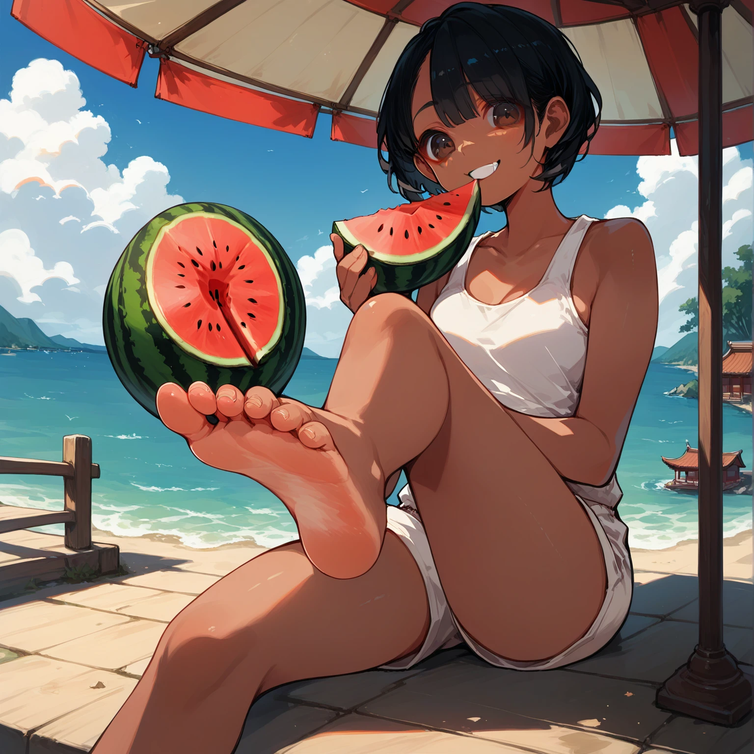 score_9, score_8_up, score_7_up, source_anime, high res image, masterpiece, best quality, 1 girl, Brown skin, shiny hair, ultra detailed eyes, eye highlights, short hair, black hair, brown eyes, white tank top, short shorts, smile,foot focus、 (eating watermelon:1.1), holding watermelon with both hands, verandah, japanese home, sitting, cetus,ocean in the distance