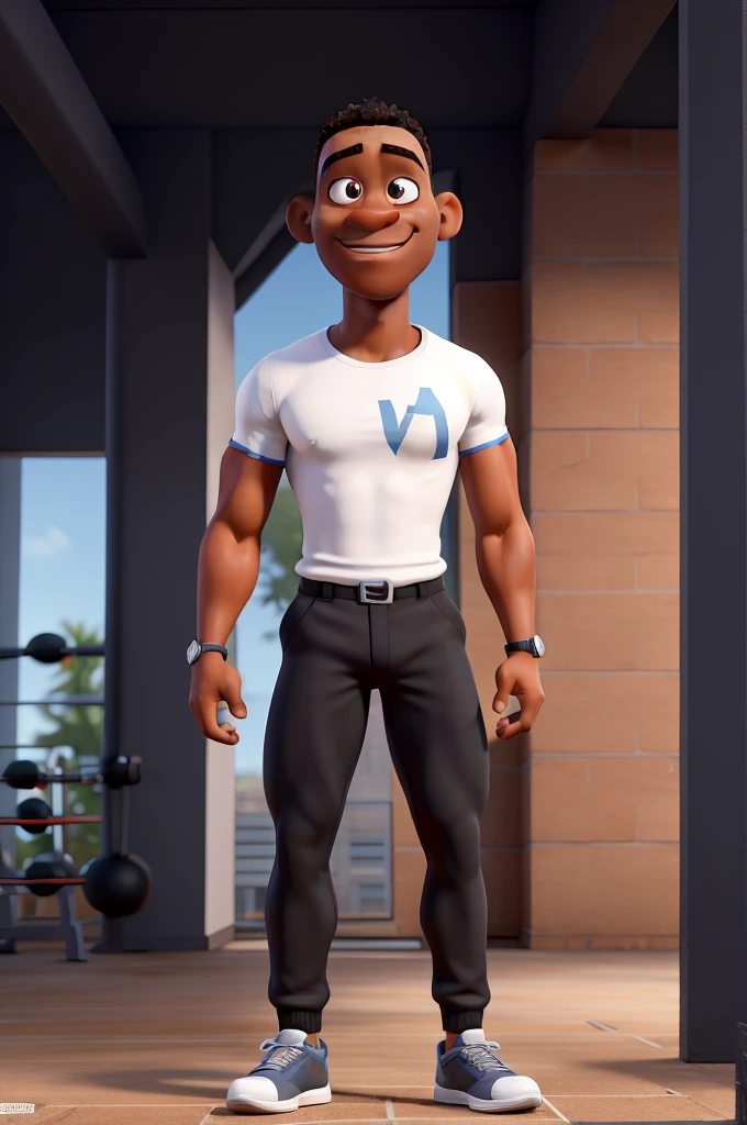 BLACK MAN DINEY PIXAR STYLE. high quality best quality, athletic body, baldie, inside a gym ,roupas de academia athletic body, on-American ,watch on arm  , white undershirt