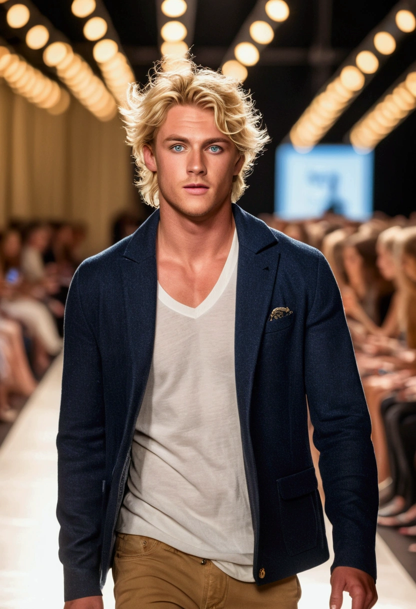 photo of a stunning handsome Australian male, blue eyes, short messy windy light blonde hair, flipping hair, closeup zoomed in tight crop portrait, walking down a (runway at a fashion show scene models people:1.2) wearing a (casual designer clothing:1.3) (expensive cellphone on his hand:1.3) (Lighting-Gold:1.2) foreground objects background details (masterpiece:1.2) (photorealistic:1.2) (bokeh:1.2) (best quality) (color grading) (detailed skin:1.3) (intricate) (8k) (HDR) (cinematic lighting:1.3) (sharp focus), messy windy hair