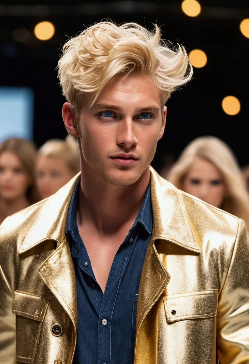 photo of a stunning handsome Australian male, blue eyes, short messy windy light blonde hair, flipping hair, closeup zoomed in tight crop portrait, walking down a (runway at a fashion show scene models people:1.2) wearing a (casual designer clothing:1.3) (expensive cellphone on his hand:1.3) (Lighting-Gold:1.2) foreground objects background details (masterpiece:1.2) (photorealistic:1.2) (bokeh:1.2) (best quality) (color grading) (detailed skin:1.3) (intricate) (8k) (HDR) (cinematic lighting:1.3) (sharp focus), messy windy hair