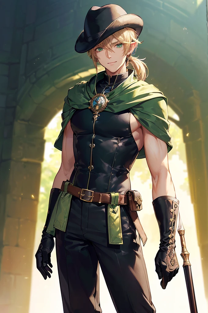 (((masterpiece; best quality: 1.2))), (finely detailed eyes: 1.3), (25 year old elf man), (solo), (green eyes: 1.4), (body; toned, fit, masculine: 1.3), (silky blonde hair in low ponytail: 1.3), (beautiful and clear background: 1.2), ((depth of field)), (equipment: adventurer garb + modest + elegant wide-brim hat + dark coat + light-colored tunic + dark long cape + black pants + gloves + belt + pouches: 1.3), (anime illustration: 1.2), (background composition; royal garden: 1.1), (extremely fine and handsome: 1.1), (shot composition; standing + centered on torso + close-up: 1.5), (expression; calm, smile: 1.2)
