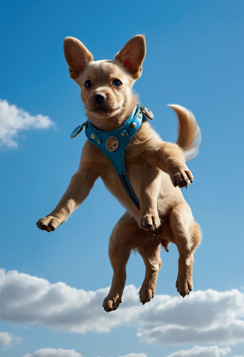 Flying Puppy, full body, by Brian Jungen, cinematic still, (best quality, masterpiece), very aesthetic, perfect composition, intricate details, ultra-detailed, vivid colors