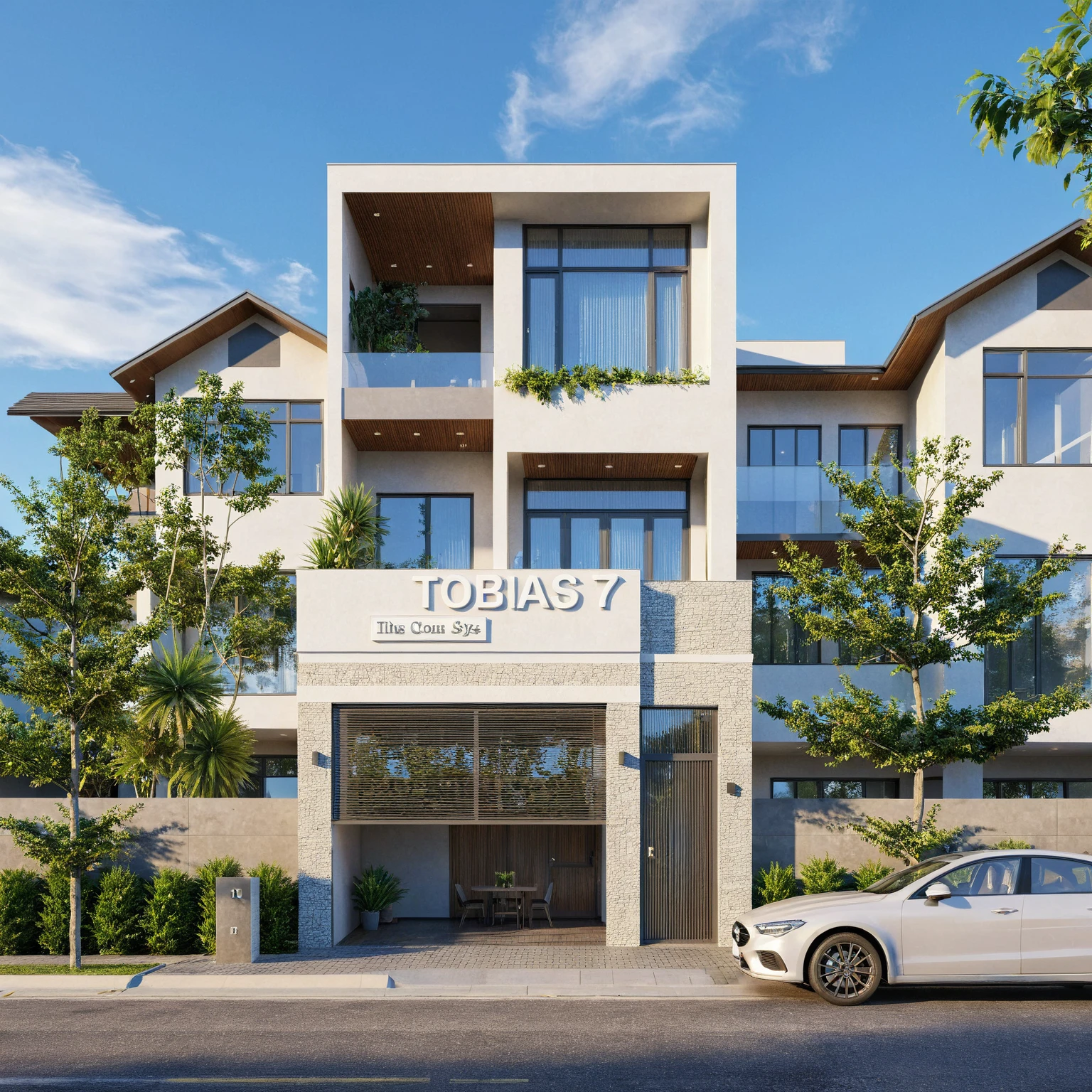 Raw photo, Masterpiece, high quality, best quality, realistic, super detailed,
exterior, outdoor, modern townhouse style, glass doors, archway, white ceiling, blue paint, blue tones,
road, sidewalk, trees, sky, clouds, (daylight:1.1)
