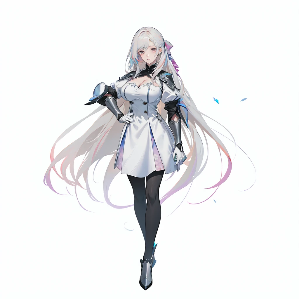 masterpiece,best quality,1girl,right hand in waist,azur lane unzen,\(herrscher of finality\),pearl colored hair tie,solo,full body,pale skin,light pearl colored hair,multicolored hair,full body,cute fantasy white dress,very long hair floating around,light pearl colored eyes,(white eyelashes),+ +,tight black pantrose,(((big breasts side cleavage))),floating light angel blades,closed mouth,silver amor pieces, ((fantasy character)), anime character sheet