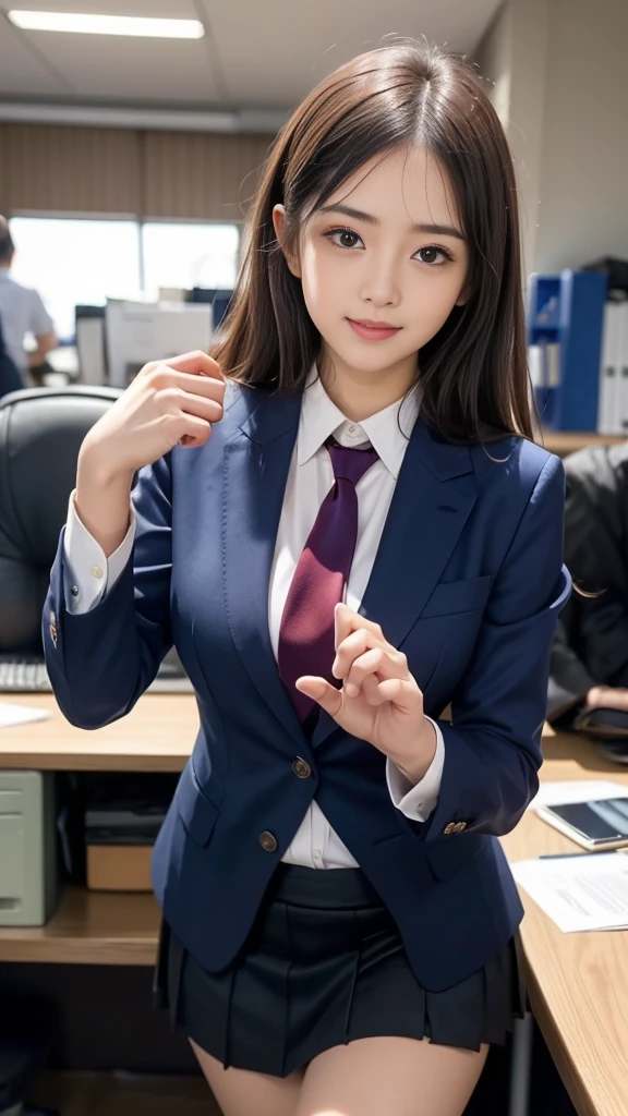 (((A beautiful girl walking in a red tie and a neat navy blue suit skirt:1.3))), (8k, RAW Photos, Highest quality, masterpiece:1.2), ((Beautiful girl alone)), Looking at the audience, Viewed from the front, Beautiful white skin, knees, Absurd face is small, Part your bangs down the middle, The forehead is visible, Glare, ((Cute mischievous face:1.3)), Ultra-high resolution, cute, (Slender body line), (Outstanding proportions), ((Office lady suit:1.4)), high school girl, (Idolフェイス, :1.65), Japanese women, Are standing, (Photorealistic:1.37), Photon Mapping, Realistic, cute顔が小さい, Brown eyes, prospect, Written boundary depth, Blurred Background, (I can see the bangs), Silky smooth hair, (Firm stomach:1.3), (Beautiful and slim thighs:1.4), (Small beautiful butt:1.2), (Curved waist), thigh, Nogizaka idol, Idol, (Detailed hands:1.3, Accurate hands:1.3, Beautiful little hands of a girl:1.3), (Firm and beautiful breasts:1.3), Super quality, Low people, (Clear white skin, Skin with visible pores:1.2), (Focus on the face), Check and correct the garment construction, (Perfect Anatomy:1.3), (Detailed eyes and face:1.3, Professional photography techniques), (Adorable poses)