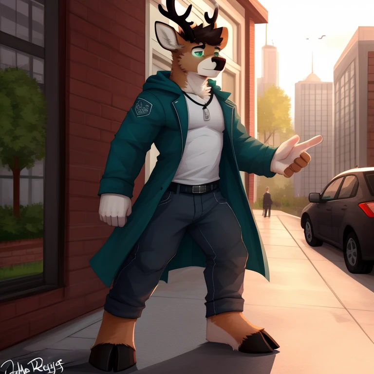 (masterpiece, Best Quality:1.2), deer, Alone, stopped, reloaded, standing on his 2 legs, cuerpo musculoso, cuerpo fuerte, cuerpo varonil, con playera, con pants, detailed face, detailed body, 5 fingers, Detailed hands, green eyes, detailed eyes, short hair same coat color,2 arms, por pache riggs