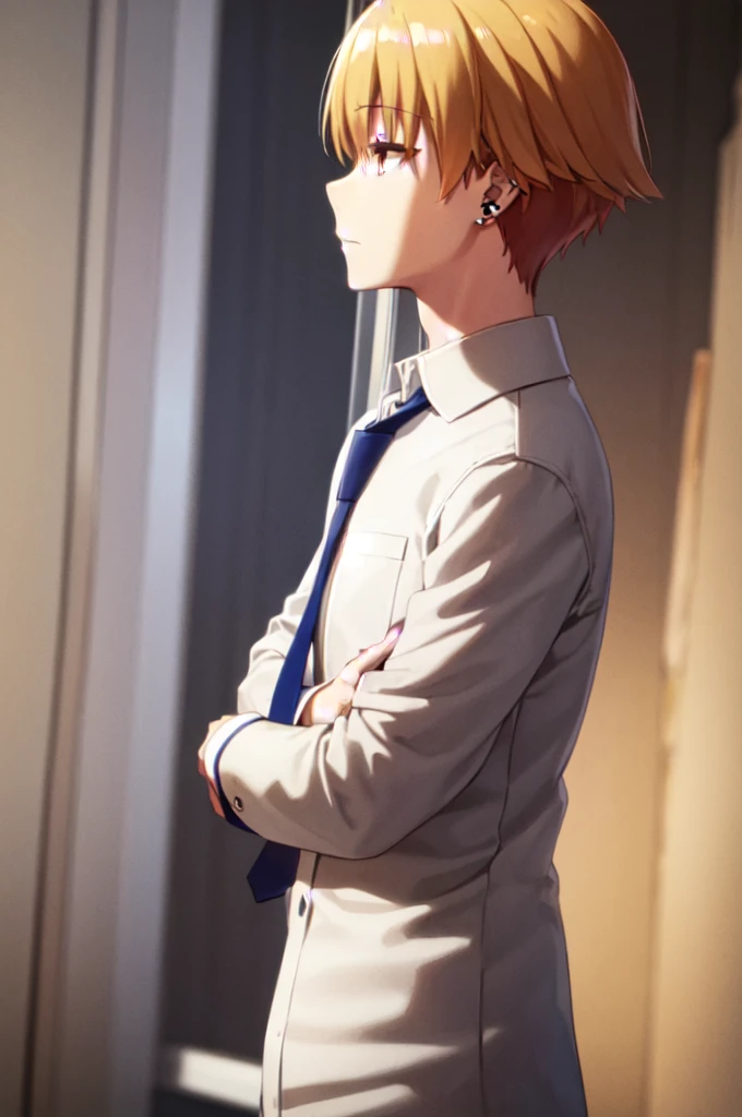 Masterpiece, best quality, 1boy, upper body, necktie, (black ear piercing), closed mouth, simple backround, blonde hair, expressionless, short hair, brown eyes
