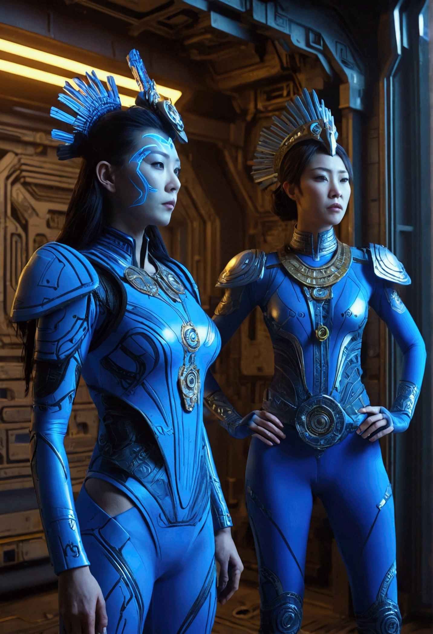 Two women in costumes are standing in a room, Ace Female Mechanic, Static Prometheus Frame, Blue body paint, Cyberpunk decorations, Aztec Empress, Movie details, security guard, Balcony scene, Solarpunk, By Leon Wichowkowski, Sisters, japanese cgi, Empress of Kazakhstan, Character close-up