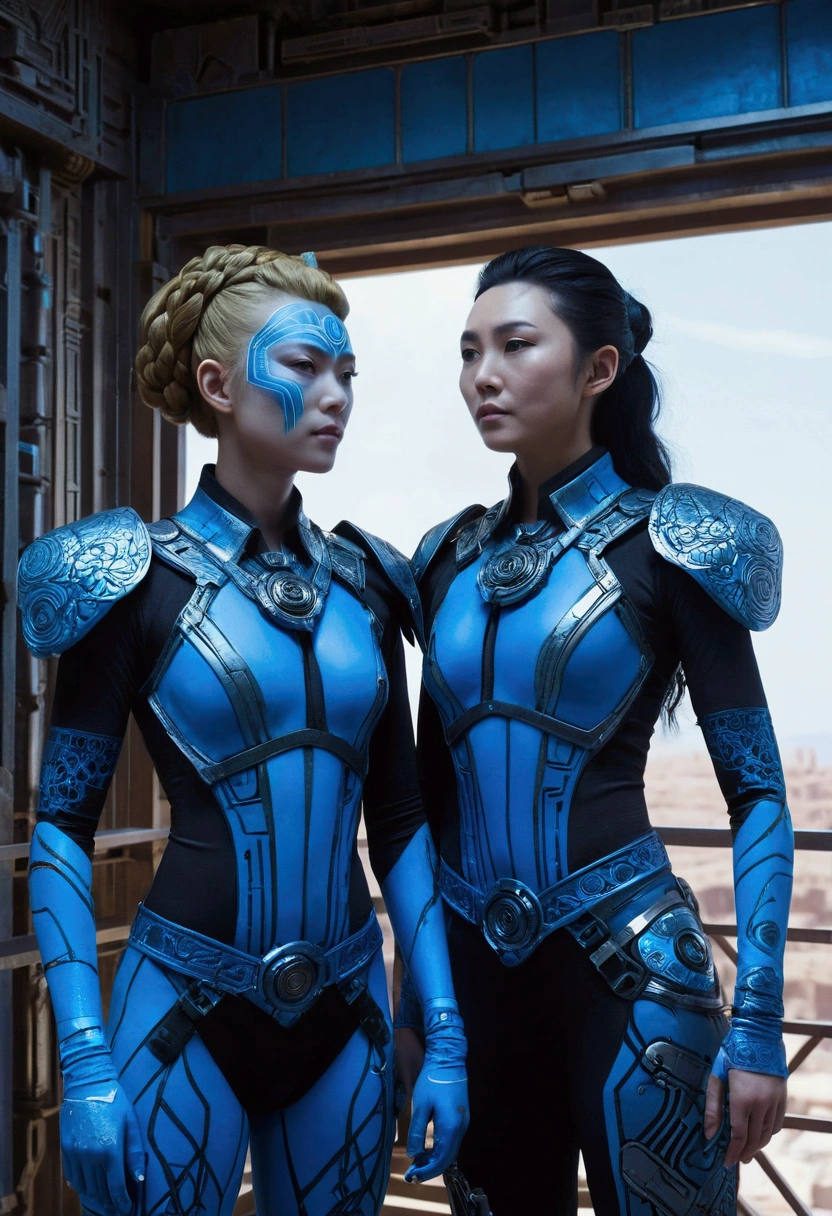 Two women in costumes are standing in a room, Ace Female Mechanic, Static Prometheus Frame, Blue body paint, Cyberpunk decorations, Aztec Empress, Movie details, security guard, Balcony scene, Solarpunk, By Leon Wichowkowski, Sisters, japanese cgi, Empress of Kazakhstan, Character close-up  