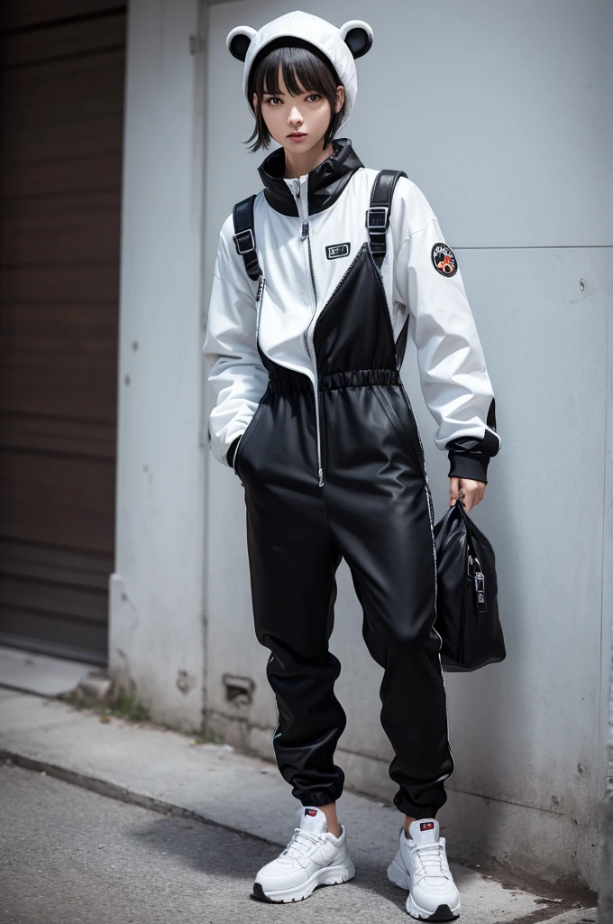 Skinny character with white and black bear jumpsuit
