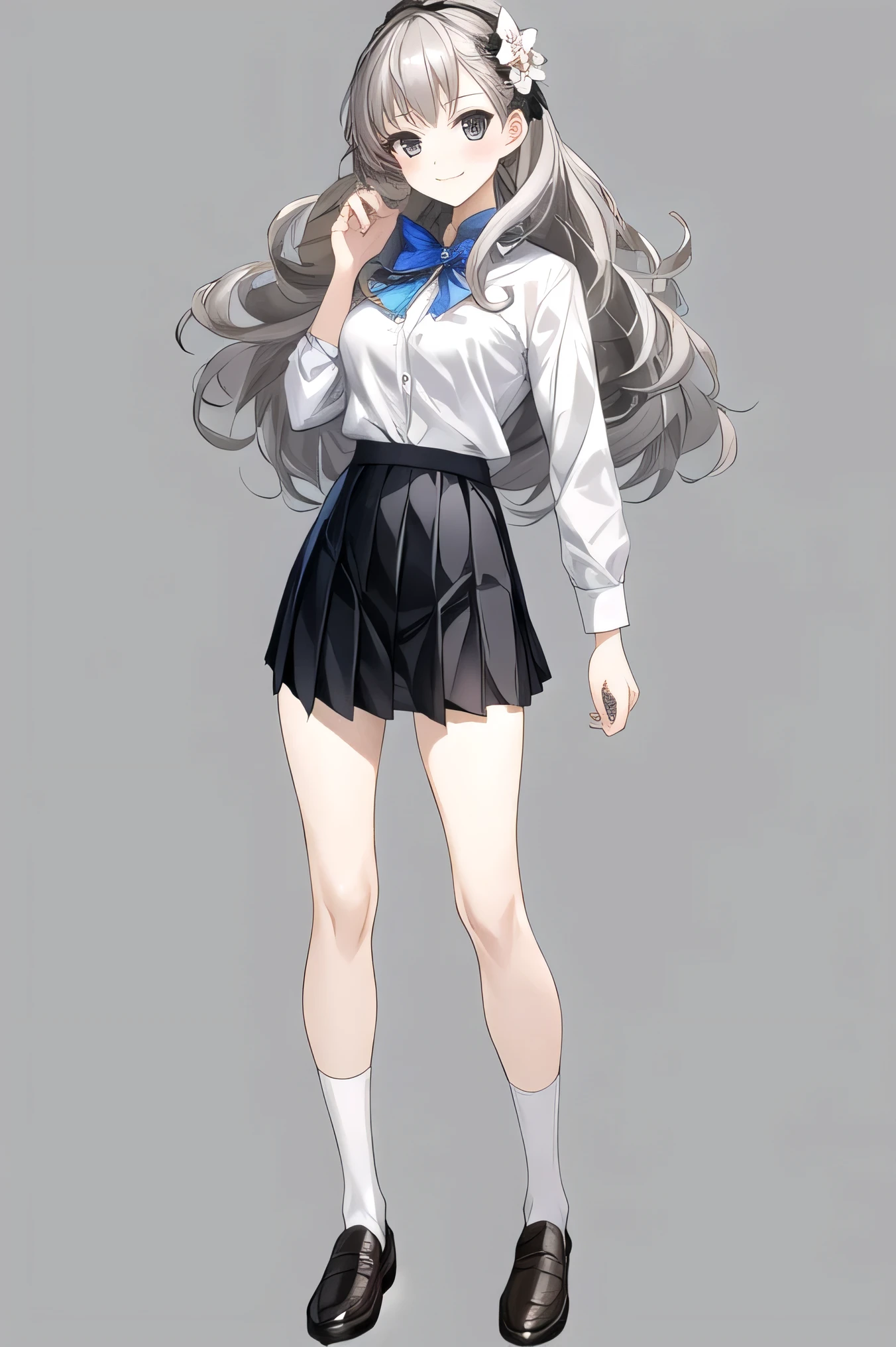 masterpiece, best quality,fuyusaka iori 1, 1girl, solo, hair flower, white shirt, short skirt, pleated skirt, black skirt, shoes, hair ornament, flower, long hair, full body, socks, gray hair, white flower, gray eyes, looking at viewer, white background, middle breast, smile, shameful face, slander, standing, loafers, cowboy shot, own hands together