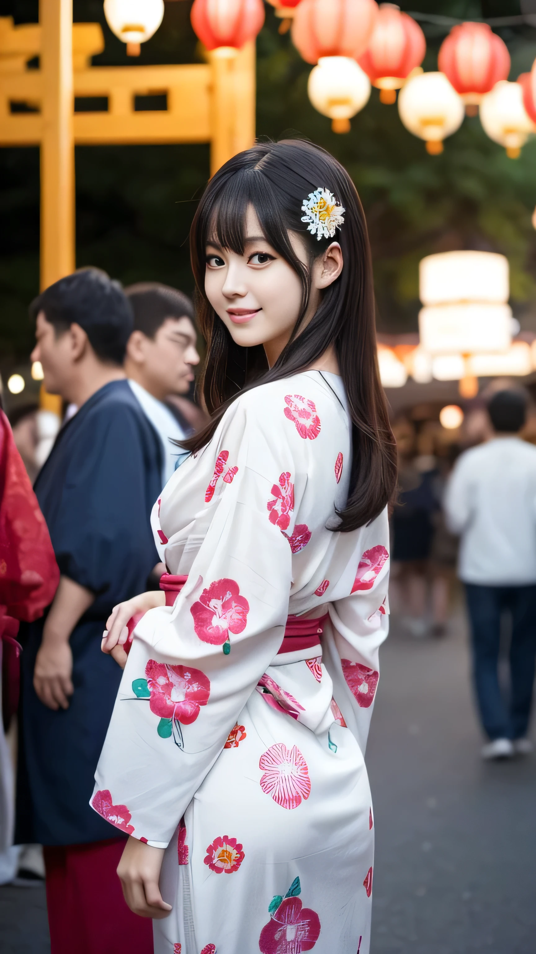 Create an ultra-realistic image of a 21-year-old Japanese woman named Kotone attending the Akita Kanto Festival. She has extremely long, perfectly straight black hair that flows down to her waist, with blunt bangs that cover her forehead. Her eyes are large, enchanting, and have double eyelids, giving them a captivating and youthful appearance. Her face is delicate and innocent, with very thin eyebrows that frame her large, childlike eyes. Kotone's skin is smooth and flawless, resembling snow in its pure white color. She has a slender and well-proportioned body with a bust size of 95 cm, a cinched waist, slim thighs, and firm buttocks. Her complexion is flawless, without any wrinkles, and her natural makeup enhances her features subtly, maintaining a fresh and youthful look.
Kotone is wearing a festive yukata, blending in with the vibrant atmosphere of the festival. She is standing among the large kanto poles decorated with lanterns, looking up at the impressive display with a joyful and excited expression. The background is filled with festival-goers, lanterns, and the lively ambiance of the event. The lighting is dynamic, capturing the festive lights and her radiant appearance.