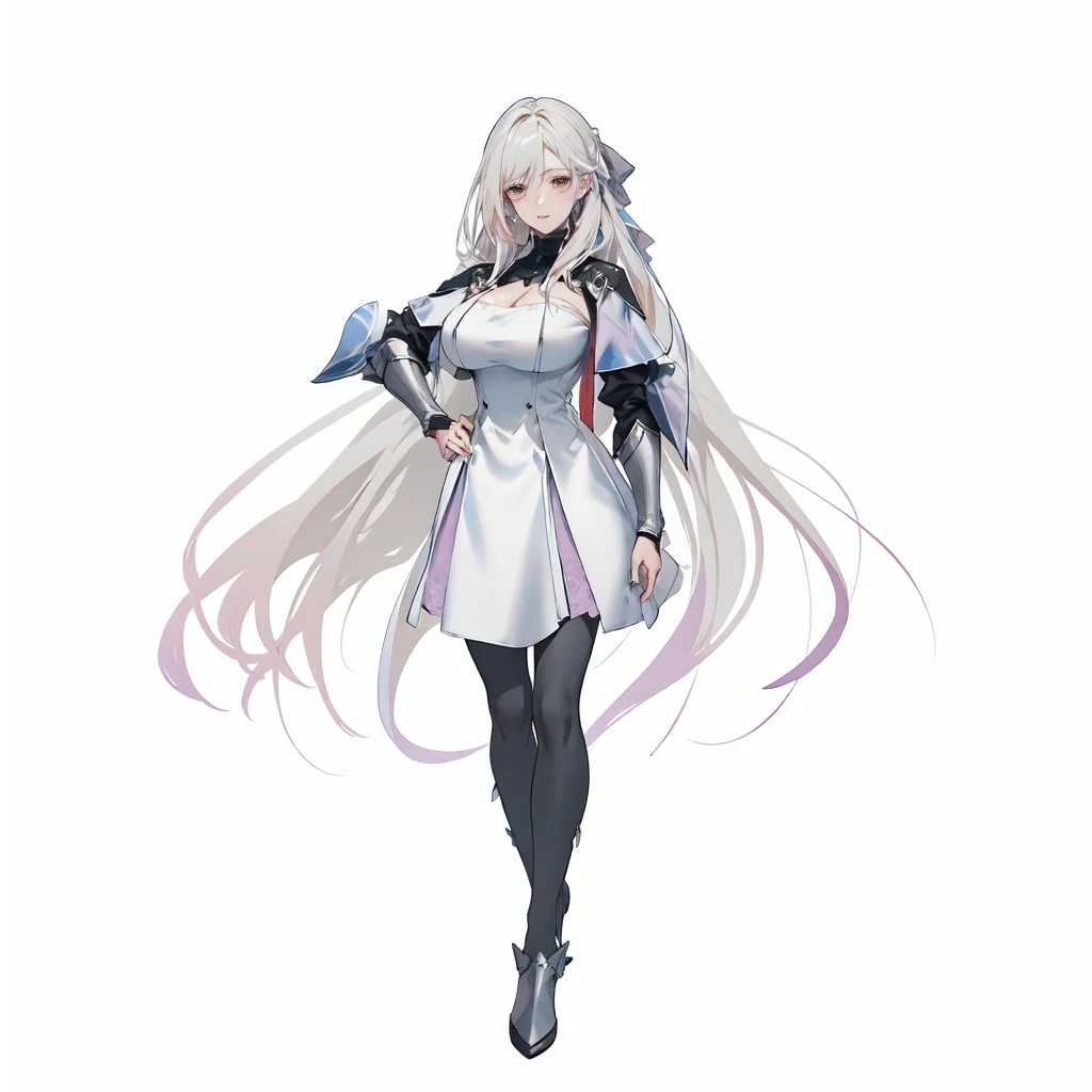 masterpiece,best quality,1girl,right hand in waist,azur lane unzen,\(herrscher of finality\),pearl colored hair tie,solo,full body,pale skin,light pearl colored hair,multicolored hair,full body,cute fantasy white dress,very long hair floating around,light pearl colored eyes,(white eyelashes),+ +,tight black pantrose,(((big breasts side cleavage))),floating light angel blades,closed mouth,silver amor pieces, ((fantasy character)), anime character sheet