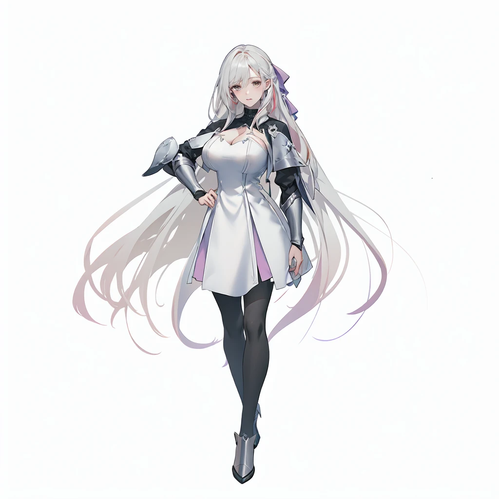 masterpiece,best quality,1girl,right hand in waist,azur lane unzen,\(herrscher of finality\),pearl colored hair tie,solo,full body,pale skin,light pearl colored hair,multicolored hair,full body,cute fantasy white dress,very long hair floating around,light pearl colored eyes,(white eyelashes),+ +,tight black pantrose,(((big breasts side cleavage))),floating light angel blades,closed mouth,silver amor pieces, ((fantasy character)), anime character sheet