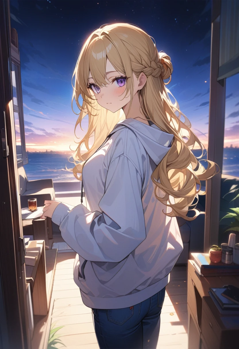 masterpiece, best quality, extremely detailed, ultra detailed, flat anime, 2D, 1girl, (young adult:1.2),blonde hair, (semi-long hair:1.2), curly hair, french braid, medium breasts, purple eyes, tsurime, height 1.7meters, white hooded sweatshirt, jeans,bracelet, long sleeves,socks, upper body, portrait, moonlight, Back Light, , very interesting, summer, livingroom, 12AM., standing