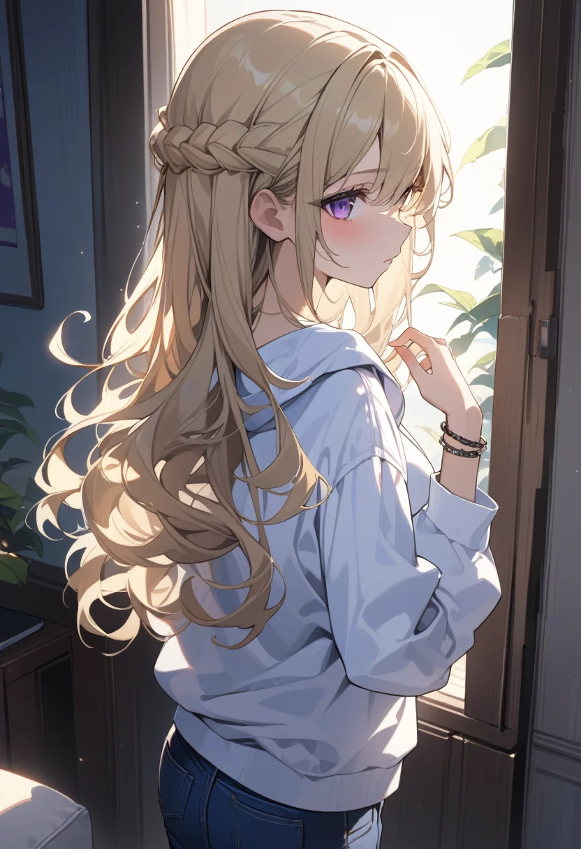 masterpiece, best quality, extremely detailed, ultra detailed, flat anime, 2D, 1girl, (young adult:1.2),blonde hair, (semi-long hair:1.2), curly hair, french braid, medium breasts, purple eyes, tsurime, height 1.7meters, white hooded sweatshirt, jeans,bracelet, long sleeves,socks,  upper body,  portrait, moonlight, Back Light, , very interesting, summer, livingroom, 12AM., standing