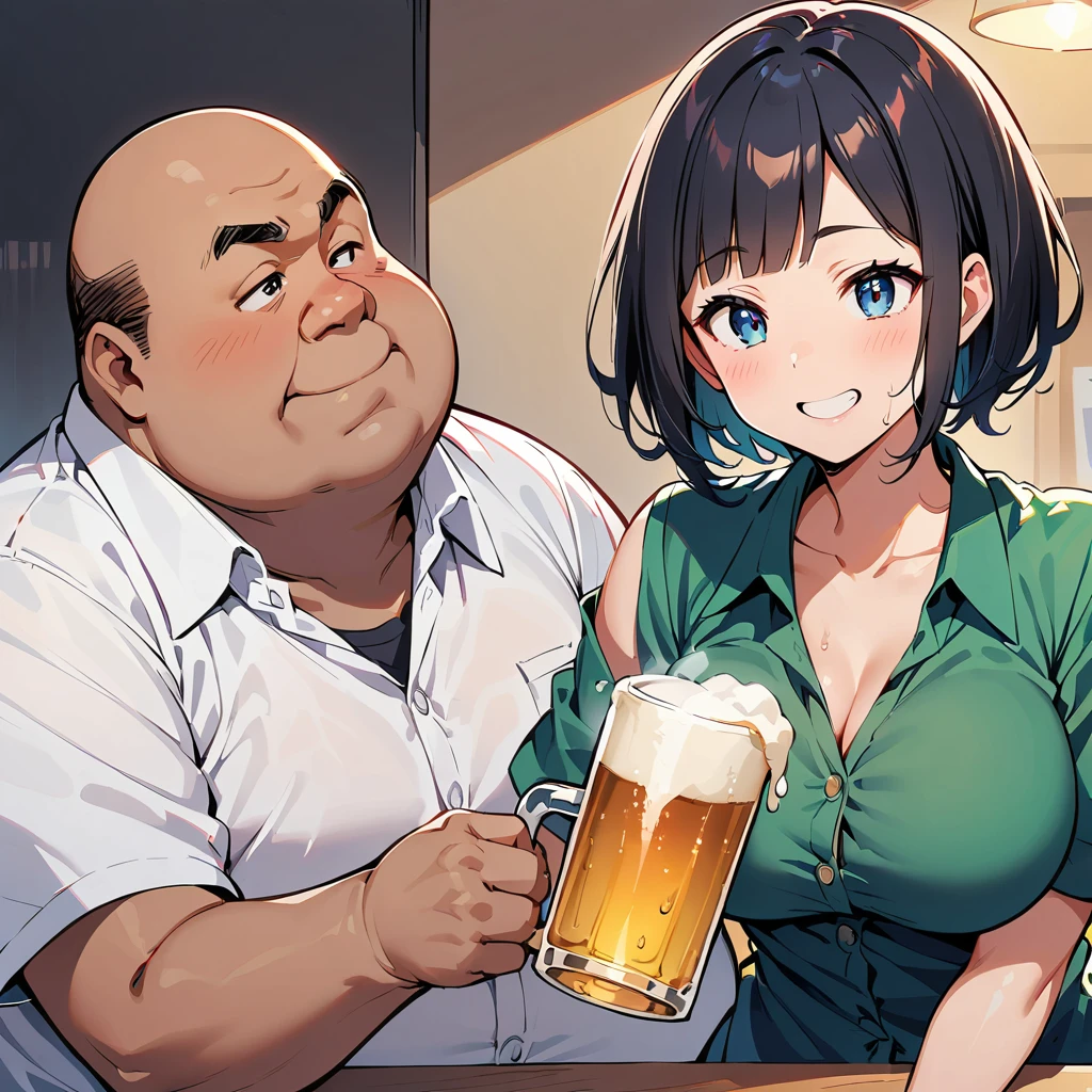one aunt、Fat guy、Short hair、The bangs are up、I'm drinking beer、Middle-aged mom、