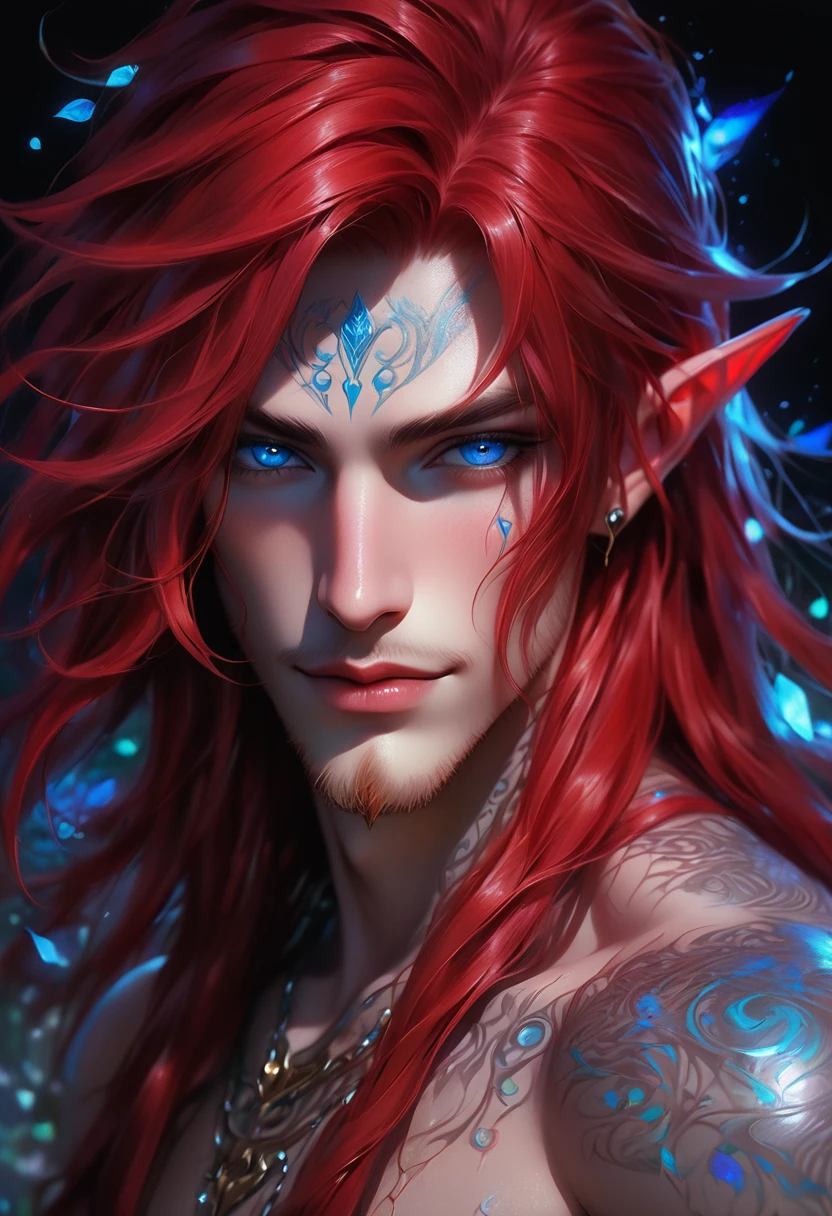full ariel view of a ethereal demonic 25 year old anime guy male druid, with metallic foil print blood red long hair, moist wet glistening lips, delicate masterpieceintimate delicate etched glowing rune tattoos, winking, beautiful gorgeous elf ((male)) kissyface, perfect face, blue/black pastel eyes, long red wisp hair, freckles, piercings, foil print neonbody art, laboratory experiment, perfect ???????, centered, almost perfect, dynamic, very detailed, glowing, artstation, concept art, soft and sharp focus, art by Carne Griffiths and Wadim Kashin, high-definition accent lighting, epic, elven atmosphere, contrasted with vibrant paint colors., futuristic cyborg in the year 2950,