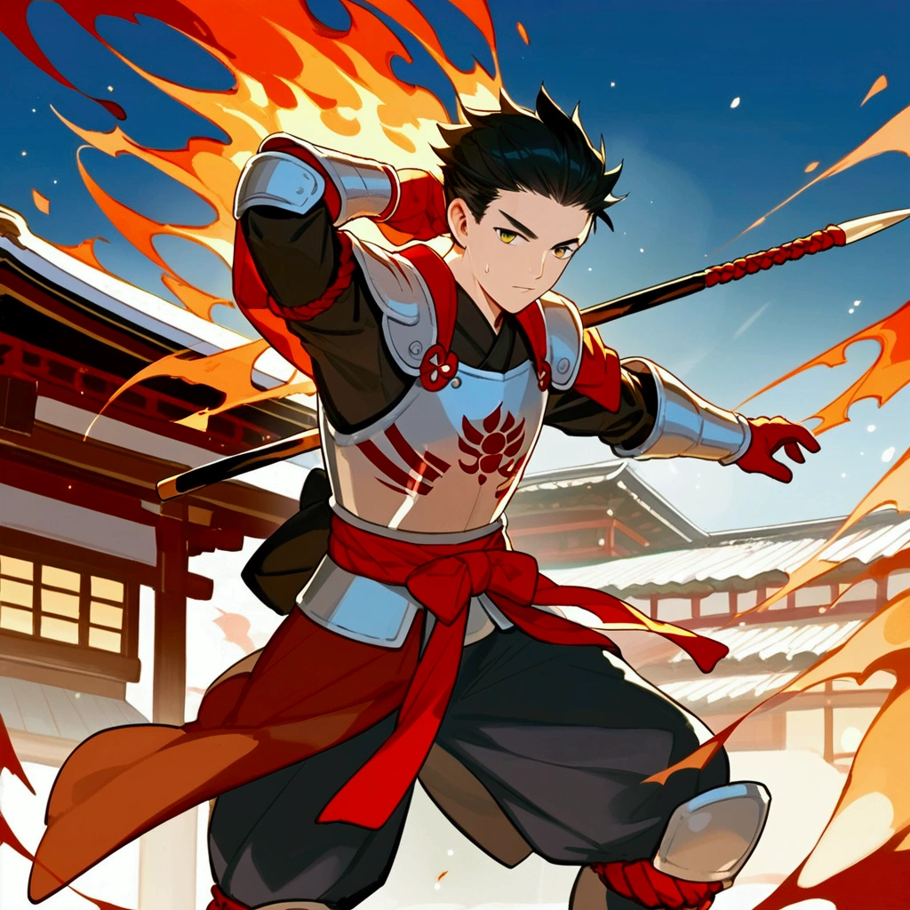 score_9, score_8_up, official art, anime, cinematic lighting, 1boy, a japanese samurai wearing armor, he runs in the burning japanese town, short spear,