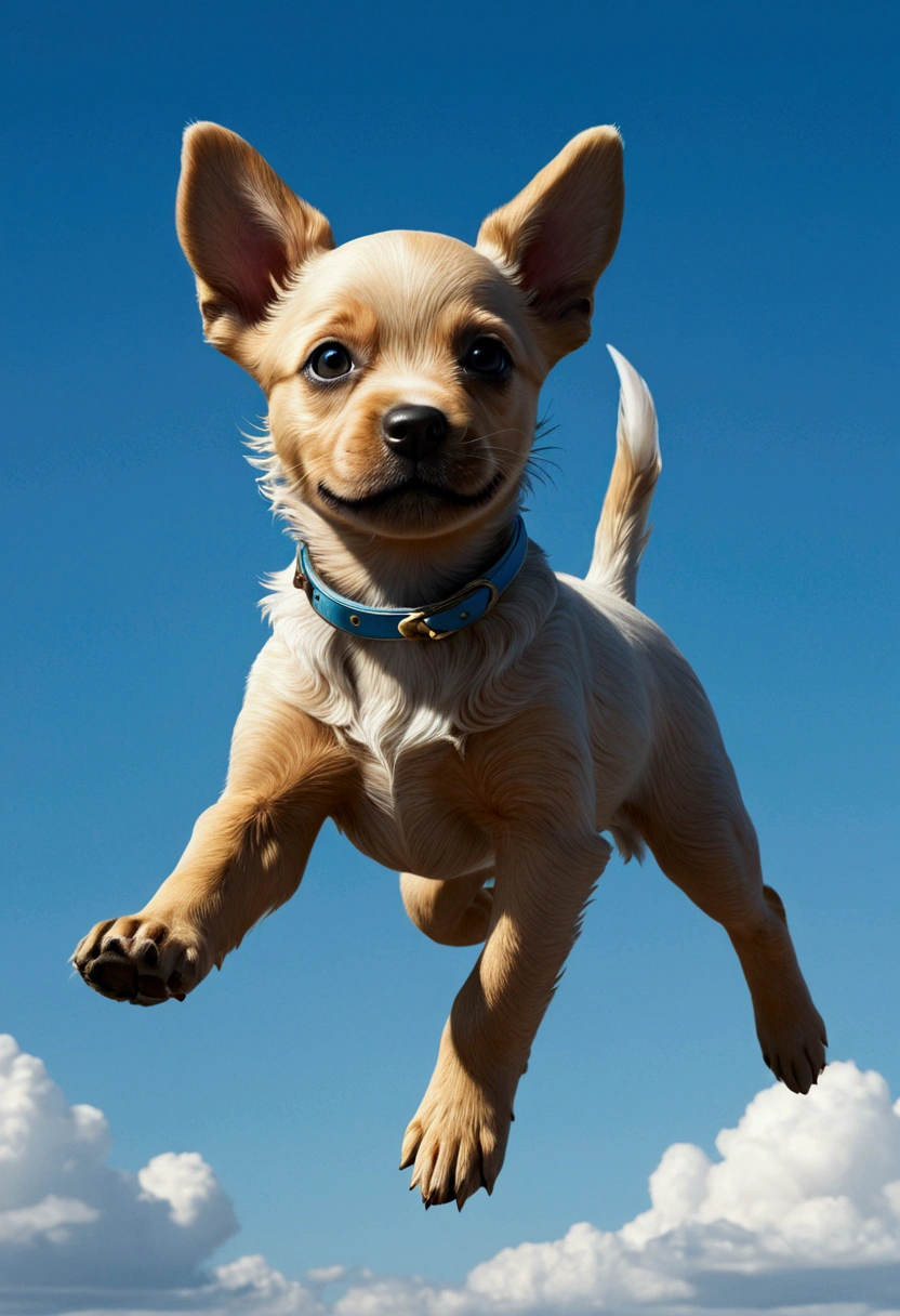 Flying Puppy, full body, by Brian Jungen, cinematic still, (best quality, masterpiece), very aesthetic, perfect composition, intricate details, ultra-detailed, vivid colors