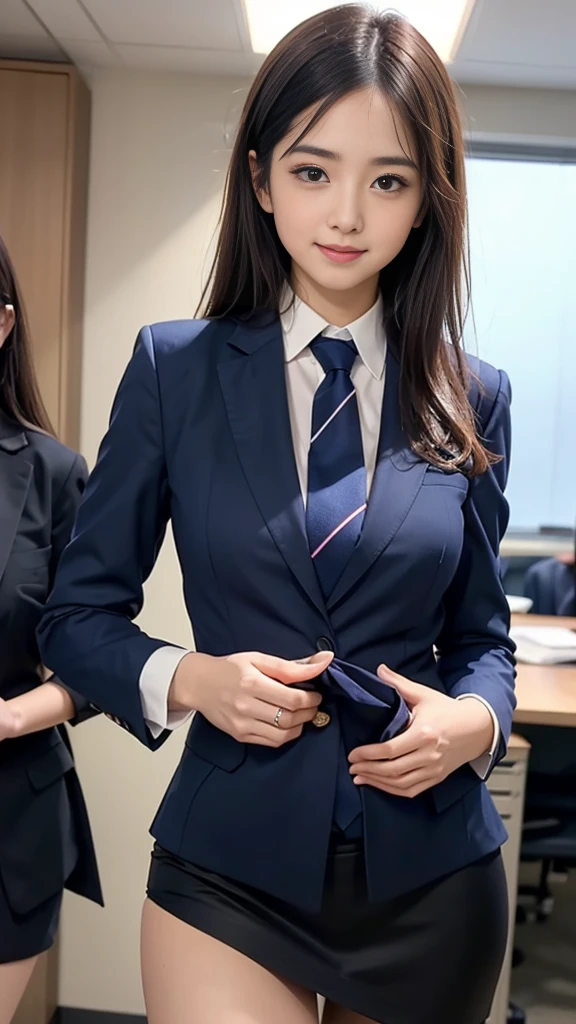 (((A beautiful girl playing around in a brightly colored tie and a neat navy blue suit skirt:1.3))), (8k, RAW Photos, Highest quality, masterpiece:1.2), ((Beautiful girl alone)), Looking at the audience, Viewed from the front, Beautiful white skin, knees, Absurd face is small, Part your bangs down the middle, The forehead is visible, Glare, ((Cute mischievous face:1.3)), Ultra-high resolution, cute, (Slender body line), (Outstanding proportions), ((Office lady suit:1.4)), high school girl, (Idolフェイス, :1.65), Japanese women, Are standing, (Photorealistic:1.37), Photon Mapping, Realistic, cute顔が小さい, Brown eyes, prospect, Written boundary depth, Blurred Background, (I can see the bangs), Silky smooth hair, (Firm stomach:1.3), (Beautiful and slim thighs:1.4), (Small beautiful butt:1.2), (Curved waist), thigh, Nogizaka idol, Idol, (Detailed hands:1.3, Accurate hands:1.3, Beautiful little hands of a girl:1.3), (Firm and beautiful breasts:1.3), Super quality, Low people, (Clear white skin, Skin with visible pores:1.2), (Focus on the face), Check and correct the garment construction, (Perfect Anatomy:1.3), (Detailed eyes and face:1.3, Professional photography techniques), (Adorable poses)