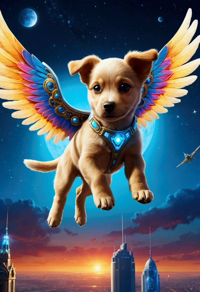 Flying Puppy, full body, by Boris Groh, cinematic still, (best quality, masterpiece), very aesthetic, perfect composition, intricate details, ultra-detailed, vivid colors