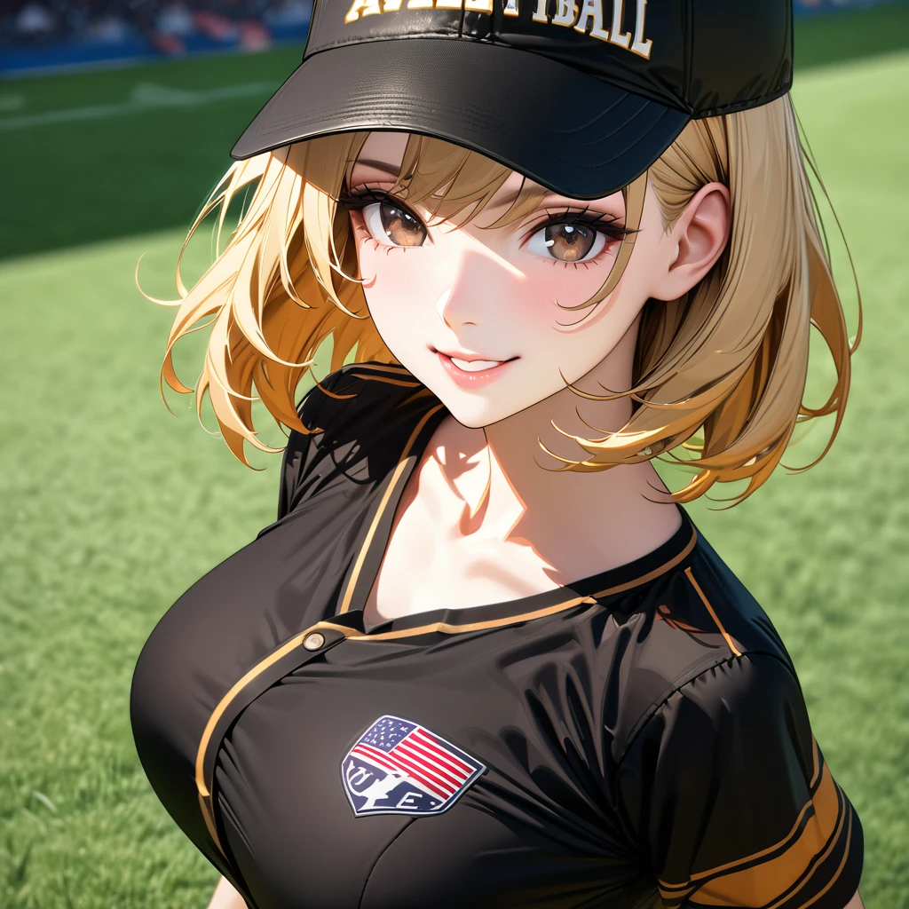 A woman wearing a black baseball uniform, black shirt with a red stripe, black skirt, wearing black sports shoes, wearing a black baseball hat, large breasts, standing on the grass of the American football field, smiling, blonde hair, short hair , red bangs, multicolored hair, perfect face, perfect lips, brown eyes..(solo woman) ,UHD , prime work , accurate , anatomically correct , textured skin , super details , high quality , best quality, 8k, high resolution, bokeh effect, close view.