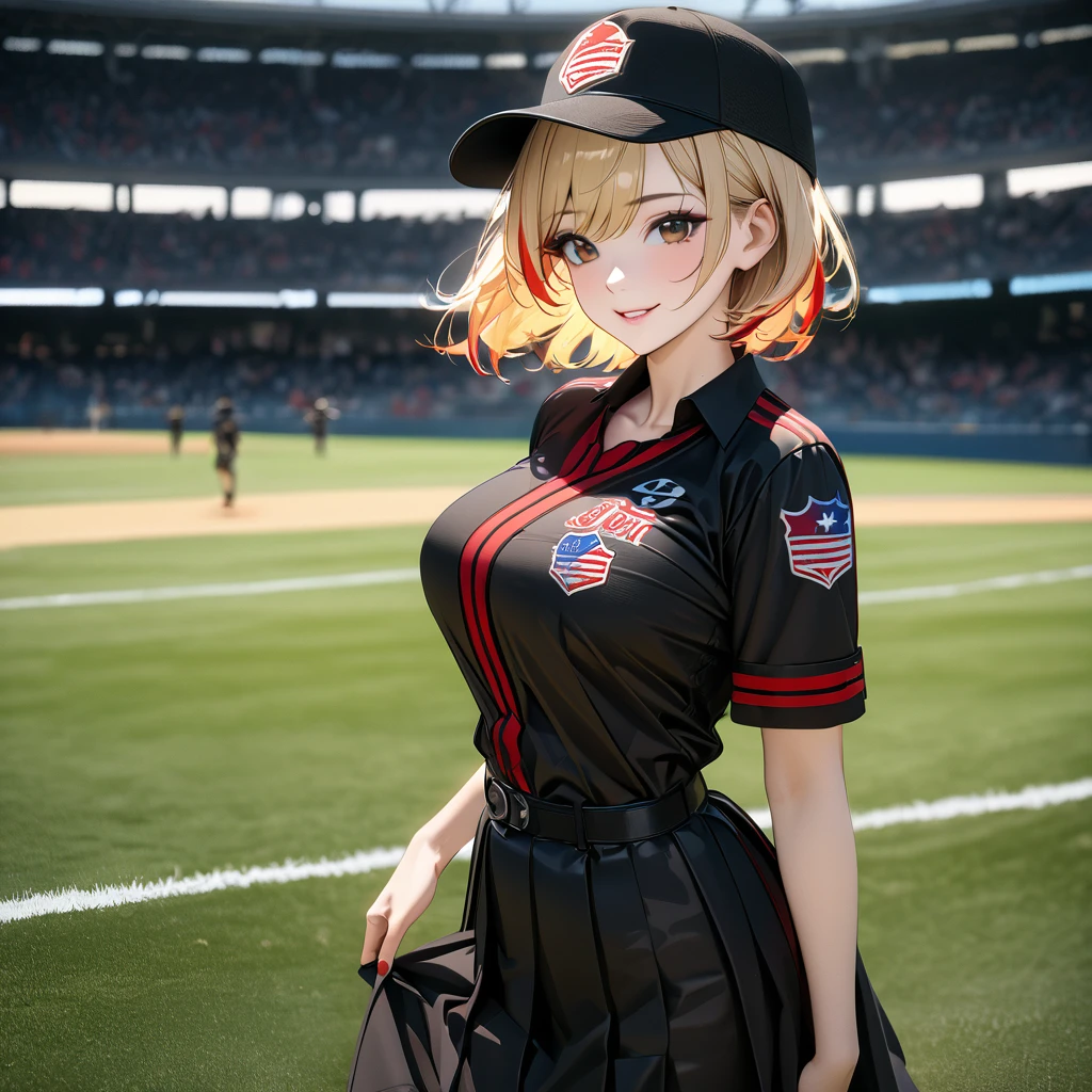 A woman wearing a black baseball uniform, black shirt with a red stripe, black skirt, wearing black sports shoes, wearing a black baseball hat, large breasts, standing on the grass of the American football field, smiling, blonde hair, short hair , red bangs, multicolored hair, perfect face, perfect lips, brown eyes..(solo woman) ,UHD , prime work , accurate , anatomically correct , textured skin , super details , high quality , best quality, 8k, high resolution, bokeh effect, close view.