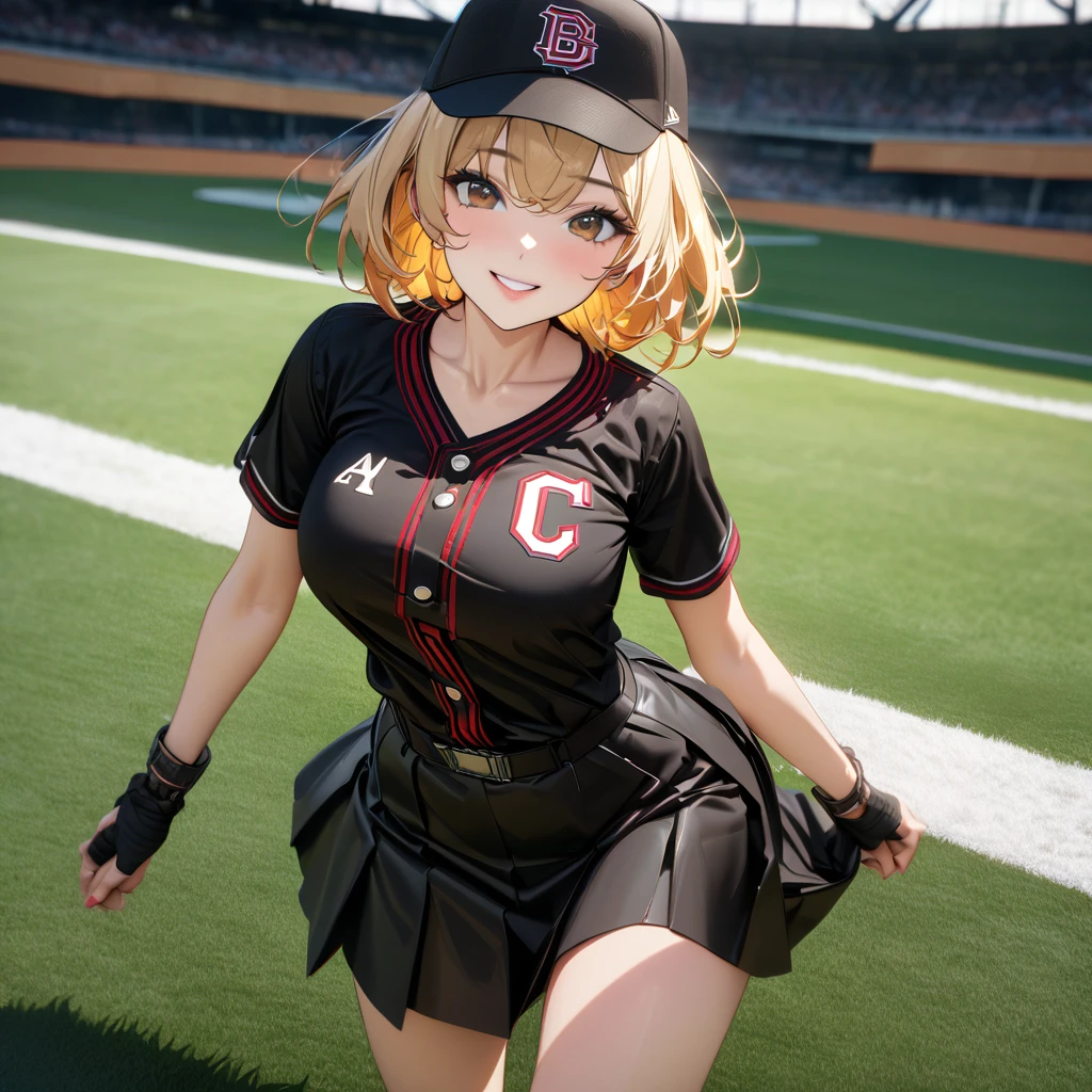 Masterpiece ,best quality , high resolution , (1 girl solo:1.38) , (camie, long hair, brown hair, brown eyes, peaked cap , lipstick , eyeliner) , (cleavage:1.2) , (medium breast:1.28) , (wear baseball hat , belly , navel , white sailor , bow , knot , stockings , panties , strong wind , big wing , skirt lift ) , (cleavage:1.15) , (big breast:1.1) , (face view , look at view , head back , from behind , back view ) , (cheerleader , cheering , holding pom pom , skirt , head tilt , jumping) , (tilted head , smiling , open mouth) , (outdoor , gym，Playing field，Cheerleading ，Strong winds，gale，ribbons flying，victory)