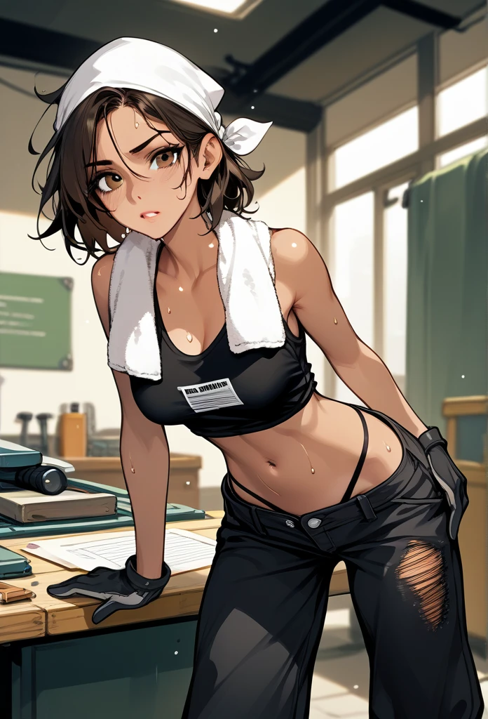 masterpiece, best quality, mature woman, messy hair, black hair, brunette gradient hair color, hot face, (tomboy face), tan skin, mature body, fit body, medium breasts, mechanic gloves, (dirty tank top), stained tank top, midriff, white bandana, mechanic pants, loose pants, workshop, (sweaty), bending over, towel around neck, black thong lines, ripped pants, spreading legs