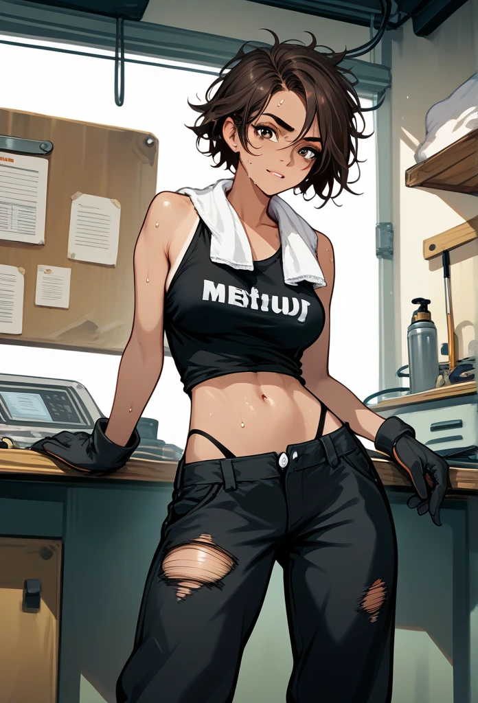 masterpiece, best quality, mature woman, messy hair, black hair, brunette gradient hair color, hot face, (tomboy face), tan skin, mature body, fit body, medium breasts, mechanic gloves, (dirty tank top), stained tank top, midriff, white bandana, mechanic pants, loose pants, workshop, (sweaty), bending over, towel around neck, black thong lines, ripped pants, spreading legs