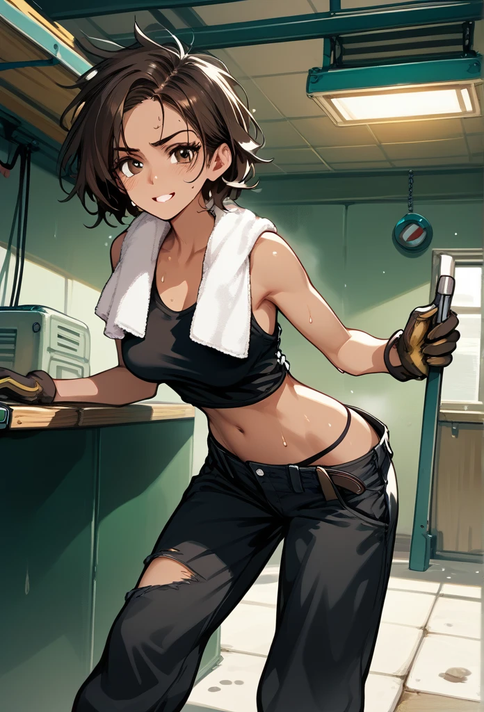 masterpiece, best quality, mature woman, messy hair, black hair, brunette gradient hair color, hot face, (tomboy face), tan skin, mature body, fit body, medium breasts, mechanic gloves, (dirty tank top), stained tank top, midriff, white bandana, mechanic pants, loose pants, workshop, (sweaty), bending over, towel around neck, black thong lines, ripped pants, spreading legs