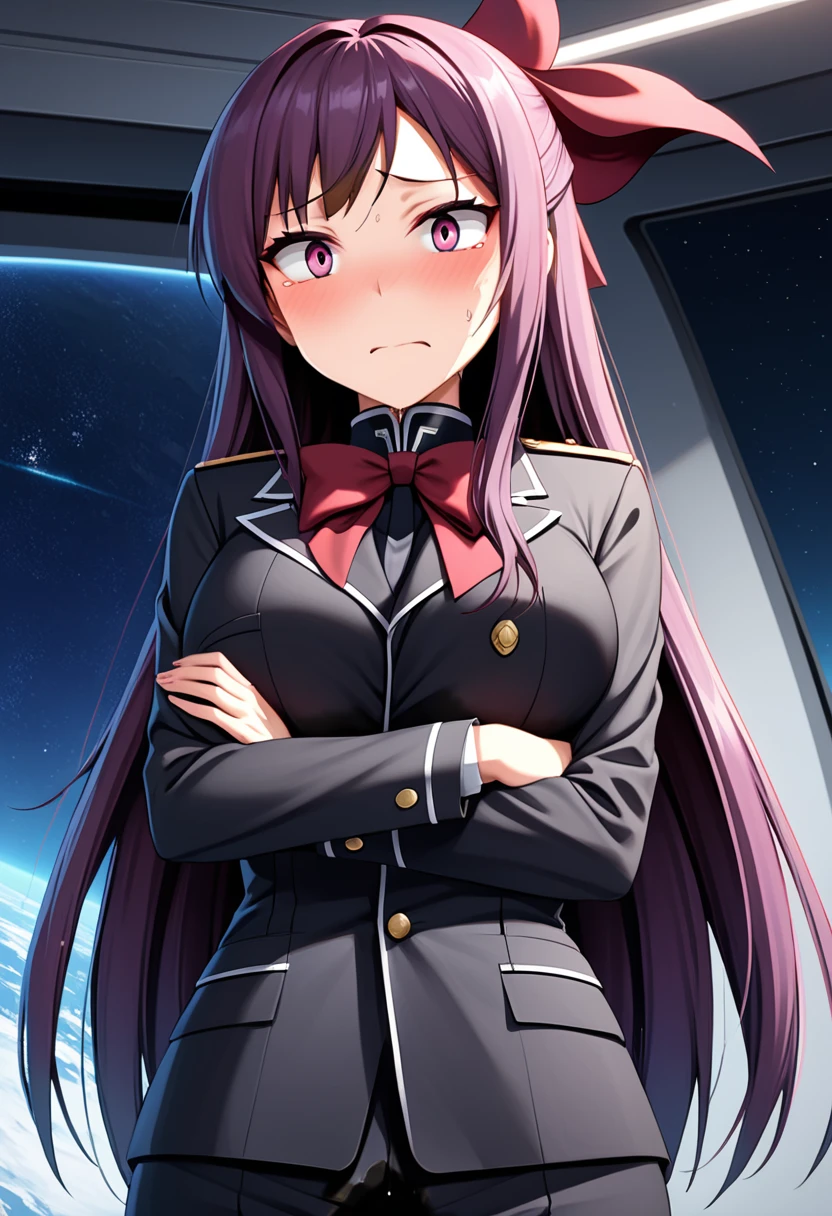 (high quality,Very detailed:1.37, High resolution), Woman, (mature:2.0), (Sakaki Yumiko:2.0), (very long hair:1.5), (purple hair:1.5), purple eyes, large breasts, military uniform, pants, (wetting herself:1.5), standing, (arms crossed:1.5), (embarrassed:1.5), (humiliation:1.5), (constricted pupils:1.5), (sweating:1.5), shaking, (trembling:1.5), (blushing:1.5), Meticulous details, (extremely detailed eys:1.37), space station, interior, science fiction, futuristic