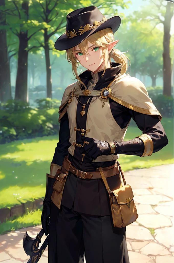(((masterpiece; best quality: 1.2))), (finely detailed eyes: 1.3), (25 year old elf man), (solo), (green eyes: 1.4), (body; toned, fit, masculine: 1.3), (silky blonde hair in low ponytail: 1.3), (beautiful and clear background: 1.2), ((depth of field)), (equipment: adventurer garb + modest + elegant wide-brim hat + dark coat + light-colored tunic + dark long cape + black pants + gloves + belt + pouches: 1.3), (anime illustration: 1.2), (background composition; royal garden: 1.1), (extremely fine and handsome: 1.1), (shot composition; standing + centered on torso + close-up: 1.5), (expression; calm, smile: 1.2)