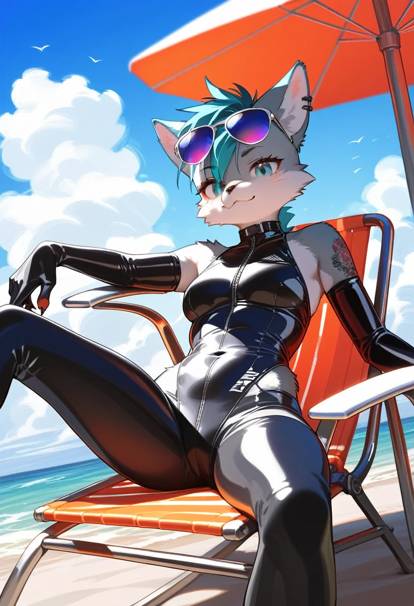 Highest quality, Highest quality, High quality illustrations, masterpiece, Ultra-high resolution, Detailed Background, beach, Absurd, Perfect Anatomy, performance, Good lighting, Shadows in the movies(kemono, Furry Personifi猫ion), latex, neon, neonカラー, cyber punk, Wetsuits, sunglasses, Tattoo, Lie on a beach chair, Dynamic Angle