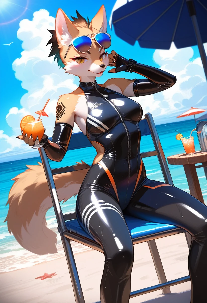 Highest quality, Highest quality, High quality illustrations, masterpiece, Ultra-high resolution, Detailed Background, beach, Absurd, Perfect Anatomy, performance, Good lighting, Shadows in the movies(kemono, Furry Personifi猫ion), latex, neon, neonカラー, cyber punk, Wetsuits, sunglasses, Tattoo, Dynamic Angle