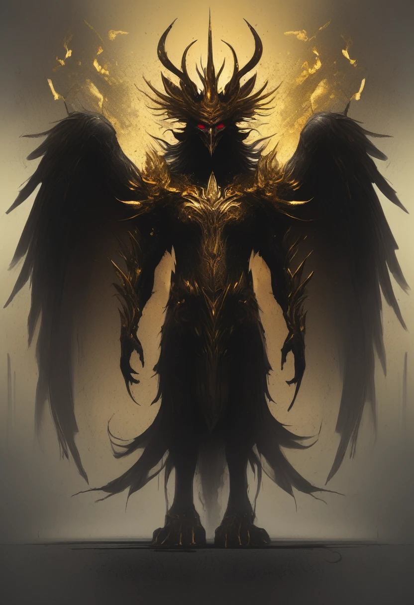 abstract and surreal depiction of a pride demon is made from smoke and haze, the demon has large, eagle-like wings and a body covered in gleaming golden armor, Its head is adorned with a spiky crown, and its eyes sparkle with arrogance, The demon’s limbs are long and slender, exuding confidence and authority, (faded color) palette is gold and vibrant red, with intricate, soft yet sharp lines to, featuring dark, ominous tones ,mystical atmosphere, basic background, (minimilism), dim, high nail, basic lines