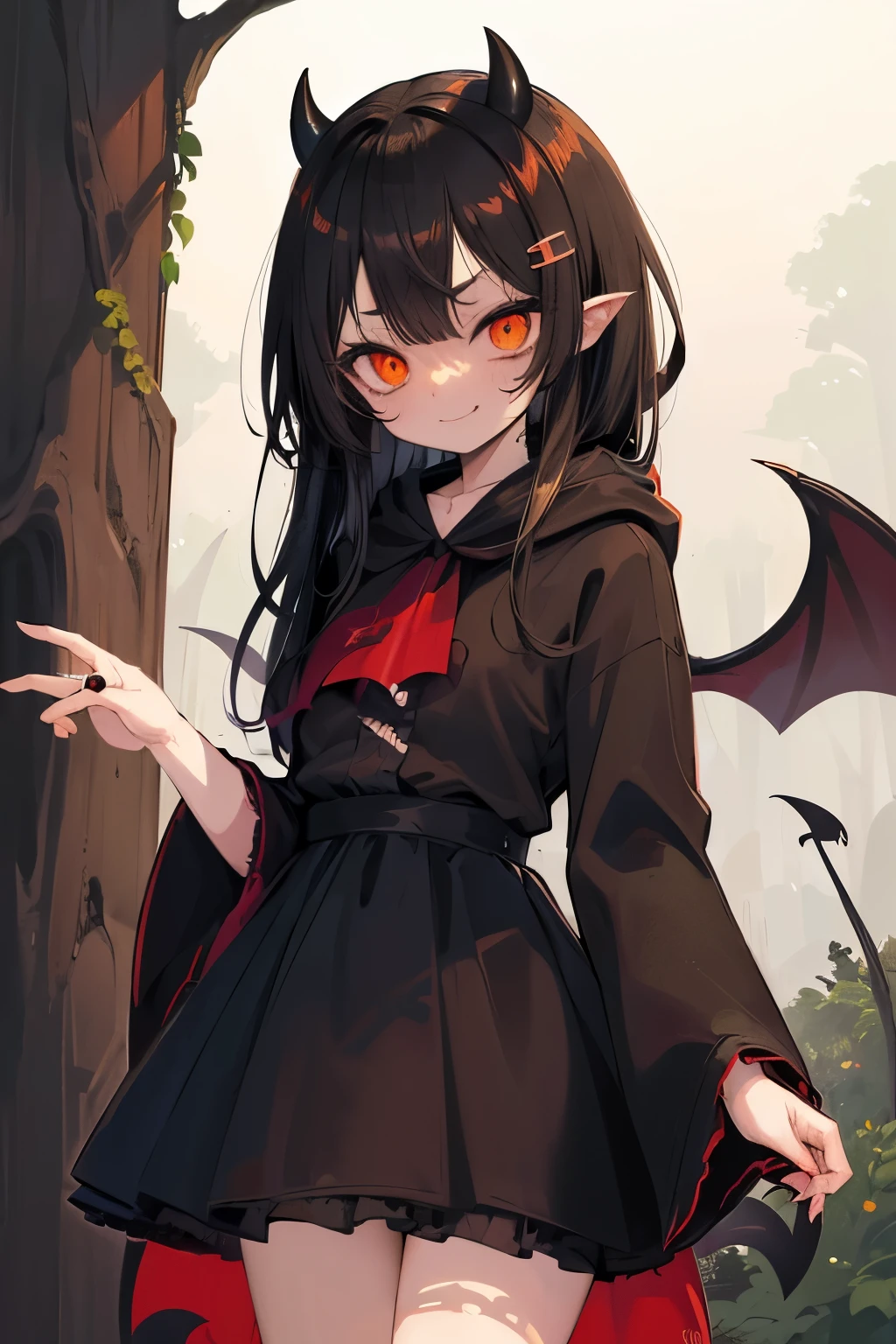 Cute horror fantasy、Horror effect、Picture book style、Children's book style、Little女の子doll\((devil:1.6),cute,(dancing:1.4),Wicked Smile,Dark skin,Sagging under the eyes,Long eyebrows,Big eyes,Little,Long nails,Orange eyes,hair,(Look down at yourself:1.3),Wear a long, big cloak, BREAK ,background\(Note, (dead tree:1.3), in the forest,shadow　the cardboard\(Bat,doll,Crow\)\)