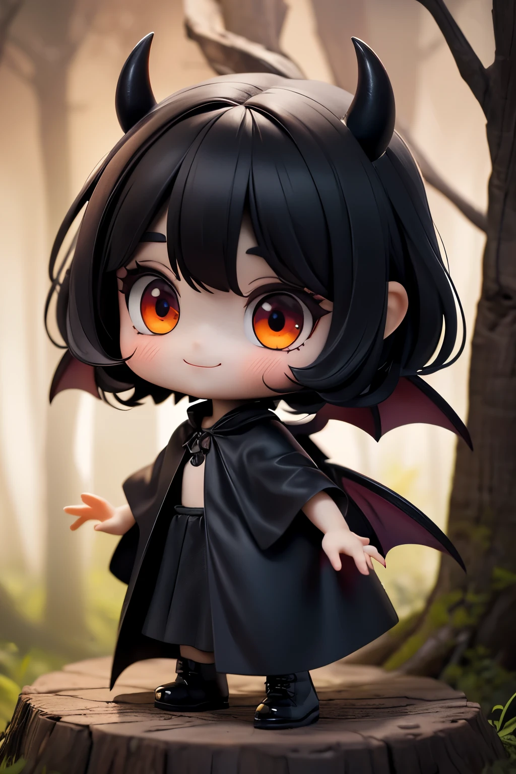 Cute horror fantasy、Horror effect、Picture book style、Children's book style、BREAK 、Little女の子doll\((devil:1.6),cute,(dancing:1.4),Wicked Smile,Dark skin,Sagging under the eyes,Long eyebrows,Big eyes,Little,Long nails,Orange eyes,hair,(Look down at yourself:1.3),Wear a long, big cloak, BREAK ,background\(Note, (dead tree:1.3), in the forest,shadow the cardboard\(Bat,doll,Crow\)\)