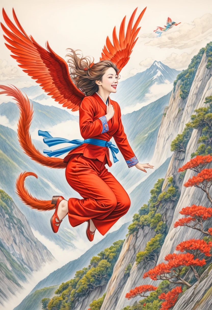A coloured pencil drawing of a beautiful women with the wings of a red tail halk leaping off a vast mountaintop.