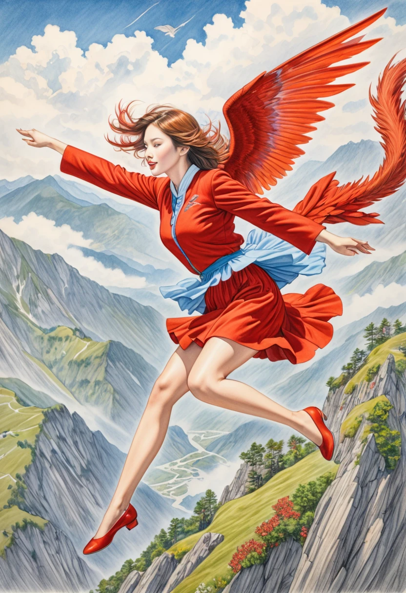 A coloured pencil drawing of a beautiful women with the wings of a red tail halk leaping off a vast mountaintop.