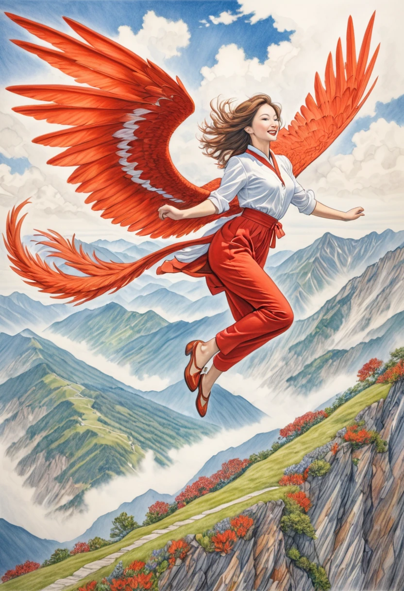 A coloured pencil drawing of a beautiful women with the wings of a red tail halk leaping off a vast mountaintop.