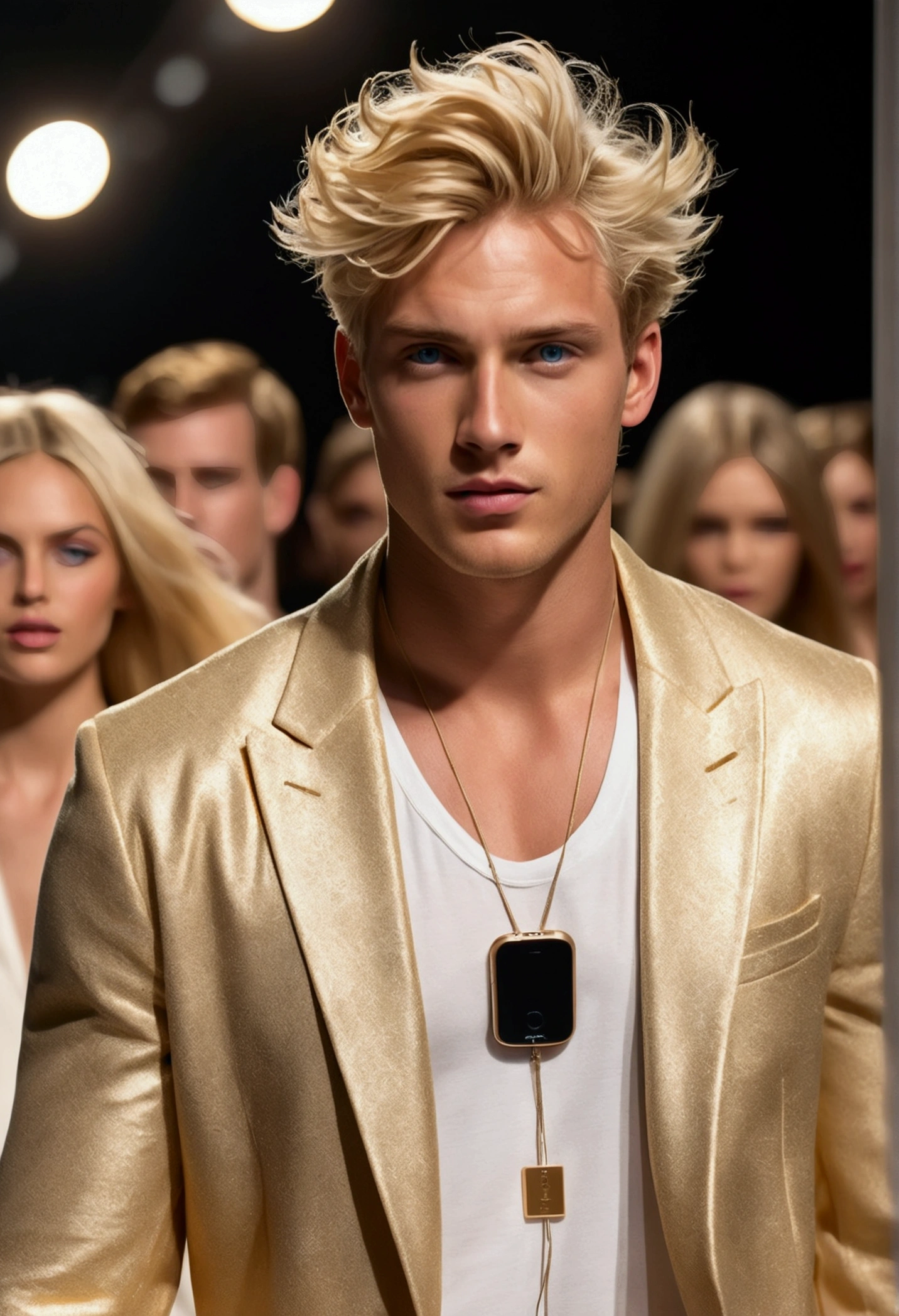 photo of a stunning handsome Australian male, blue eyes, short messy windy light blonde hair, flipping hair, closeup zoomed in tight crop portrait, walking down a (runway at a fashion show scene models people:1.2) wearing a (casual designer clothing:1.3) (expensive cellphone on his hand:1.3) (Lighting-Gold:1.2) foreground objects background details (masterpiece:1.2) (photorealistic:1.2) (bokeh:1.2) (best quality) (color grading) (detailed skin:1.3) (intricate) (8k) (HDR) (cinematic lighting:1.3) (sharp focus), messy windy hair