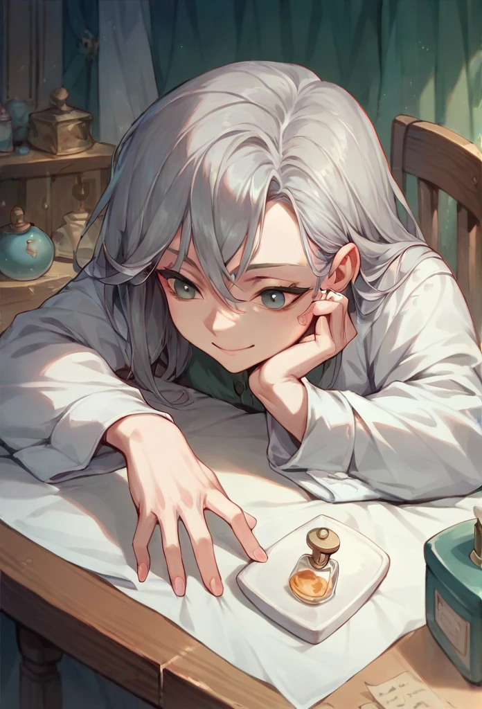 Masterpiece, Highest quality, Table size miniature, A Russian girl in her early 20s with ash grey hair, light smiling, In a perfume bottle, The face is precise(((must)))