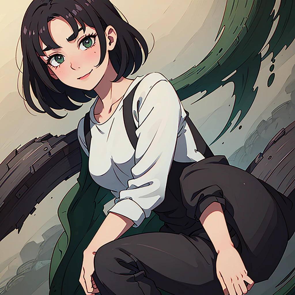 man with short black hair, dark green eyes, seductive look smiling and blushing, manly