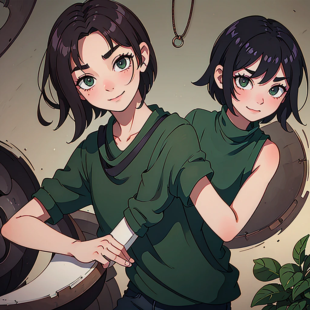 man with short black hair, dark green eyes, seductive look smiling and blushing, manly